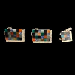 Swank Mosaic Inlay Cufflinks & Tie Tack Set Gold Tone 1960s Multi Stone
